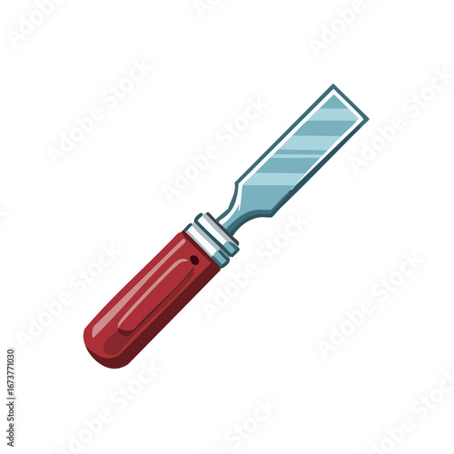 Sharp wood chisel tool with red handle, essential for carpentry, carving, and DIY craftsmanship.