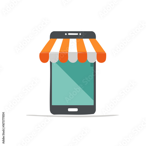 Smartphone with Store Awning Represents Online Shopping and E-commerce Business