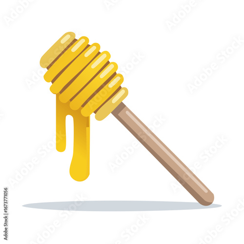 Honey dripping from dipper with wooden handle, sweet treat concept