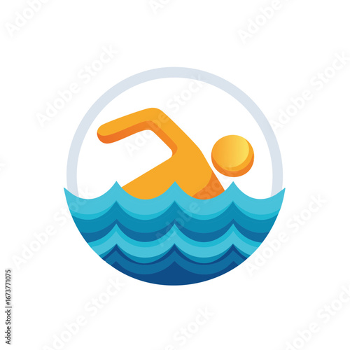 Stylized graphic of a swimmer in blue water inside a circle emblem