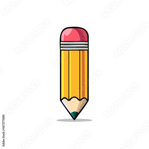 Cartoon Illustration of a Yellow Pencil with Eraser and Shadow