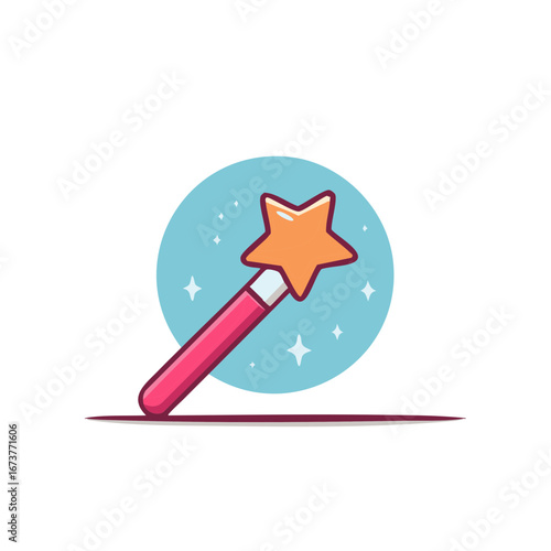 Magic Wand with Star and Sparkling Particles on a Blue Circle Background