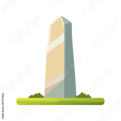 Tall Monument Stone Obelisk with Green Grass in a Flat Cartoon Style