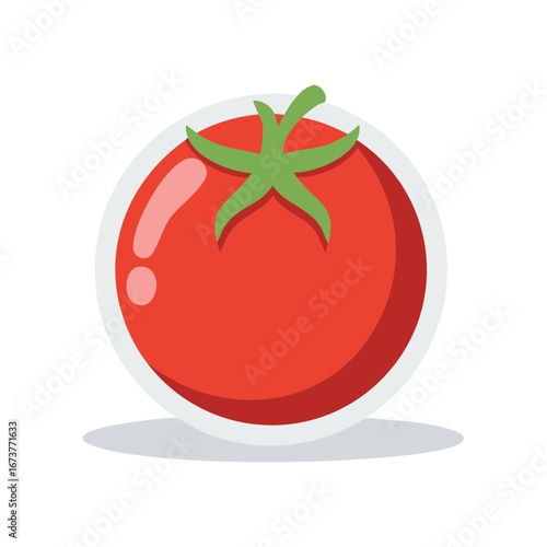 Fresh cartoon tomato with green leaves and shadow graphic