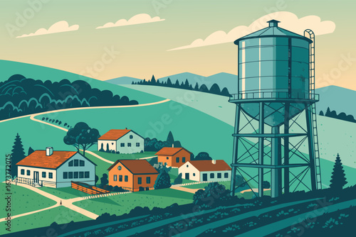 Poster enormous water tank defends peaceful rural village, vibrant sky, lush fields, rustic homes, safeguarding community, life source, sustainability, nature's embrace.