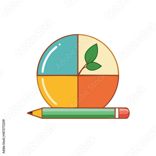 Creative Graphic of a Circle Segmented with Colorful Sections, Leaves, and a Pencil, Illustrating Growth and Ideas