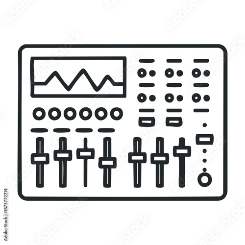 Music production equipment setup home studio audio mixer creative space top view sound engineering essentials. Outline vector illustration