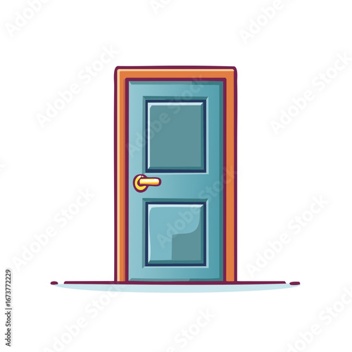 Simple cartoon illustration of a closed blue door with a golden handle and orange frame
