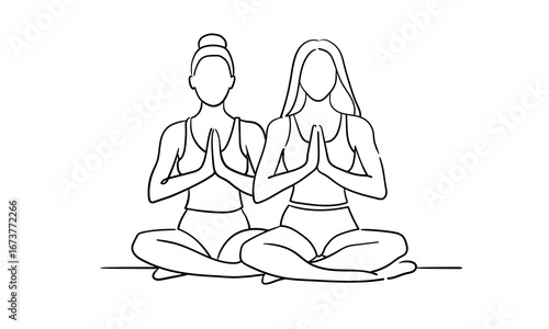 2 Woman sitting in yoga pose with palms folded at chest level, continuous line art isolated on white background. Relax line art drawing. Vector illustration	
