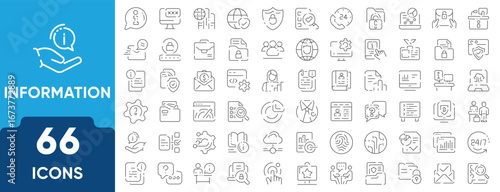 Information Line Icon Set. Set of 66 outline icons including info signs, help symbols, guides, FAQs, instructions, tips, and knowledge. Editable stroke. Linear vector illustration.