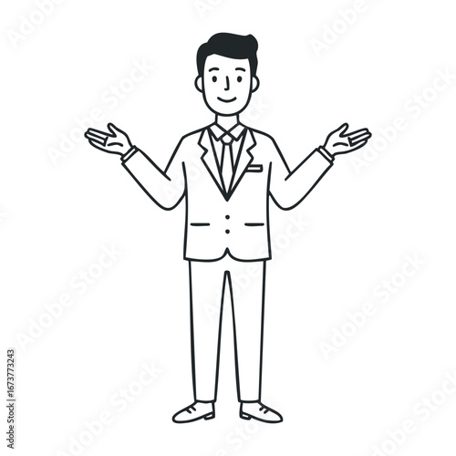 Business professional explaining concepts in a meeting room digital illustration modern office engaging viewpoint. Outline vector illustration