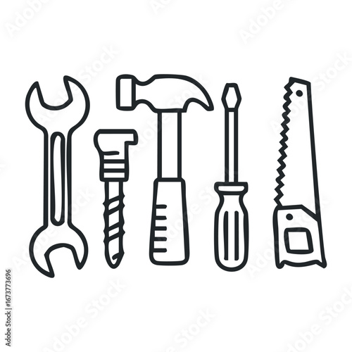 Essential diy tools for home improvement projects workshop graphic illustration indoor close-up construction concepts. Outline vector illustration