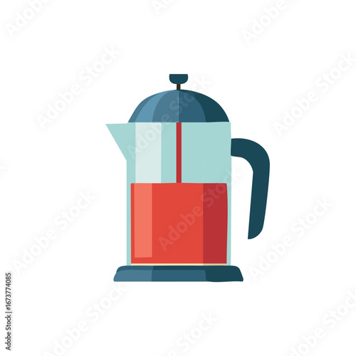 Modern Flat Design French Press Coffee Maker Illustration with Red Liquid Beverage Inside