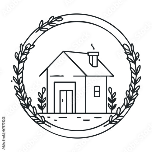 Artistic illustration of a cozy house surrounded by nature home design concept minimalist graphic serene environment. Outline vector illustration