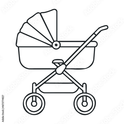 Joyful family outing with baby stroller in urban park lifestyle photography bright outdoor environment. Outline vector illustration