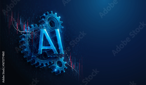 Lowpoly Artificial Intelligence Technology Gears Over Crashing Stock Market. Abstract vector illustration depicting AI tech industry share prices falling down made of wireframe mesh on blue background