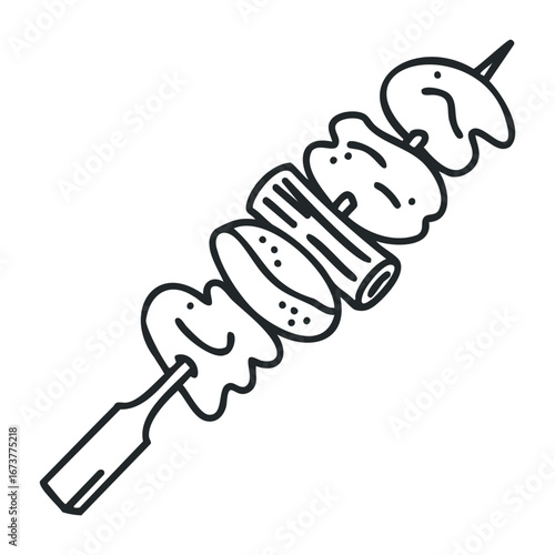 Grilling savory meat skewers at a summer barbecue outdoor gathering food photography sunny day close-up perspective. Outline vector illustration
