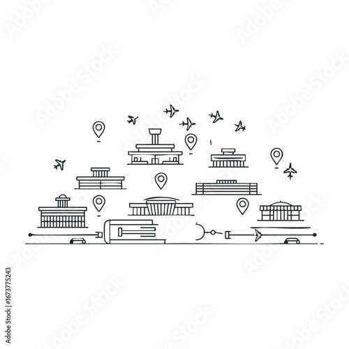 Exploring iconic landmarks and airports urban landscape digital illustration modern environment aerial view travel concepts. Outline vector illustration