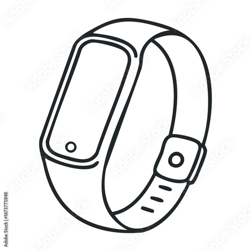 Fitness tracker usage home digital wearable indoor close-up health monitoring. Outline vector illustration