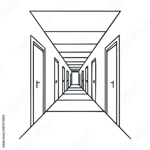 Exploring endless doors abstract corridor digital art minimalist style eye-level view concept of choice. Outline vector illustration