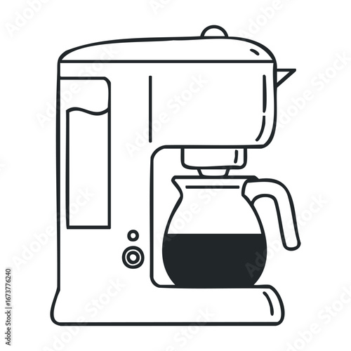 Brewing fresh coffee with a drip coffee maker in a cozy kitchen environment. Outline vector illustration