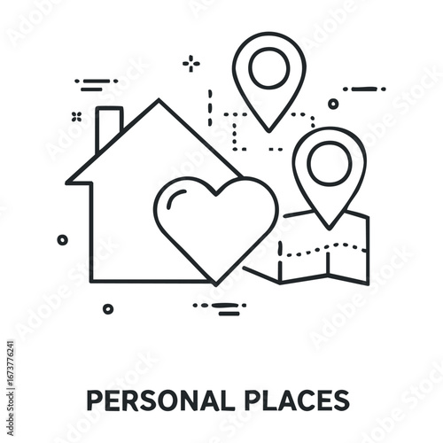 Finding personal places love and home mapping digital illustration minimalist environment top-down view. Outline vector illustration