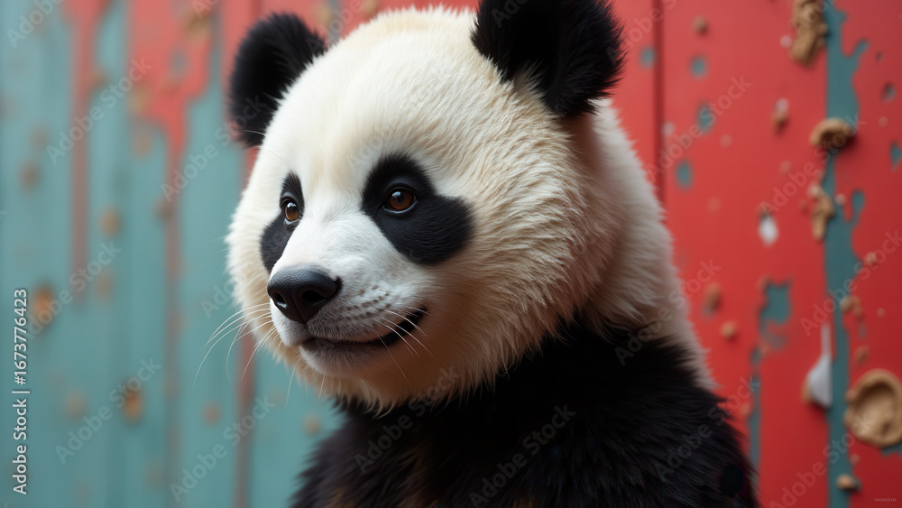 Fototapeta premium Panda Sitting on Checkered Floor with Optical Illusion Background