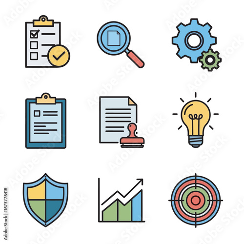 Business icons represent planning review process strategy marketing targets