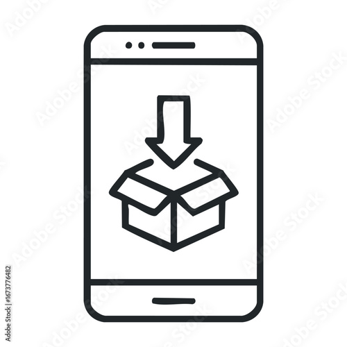 Download package via mobile app e-commerce setup digital content modern environment user-friendly concept. Outline vector illustration