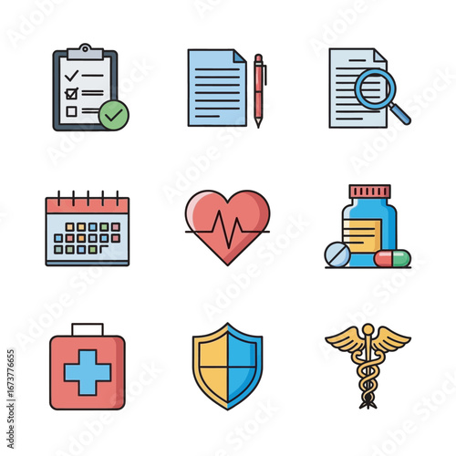 Medical icons represent healthcare diagnosis across graphic background illustration