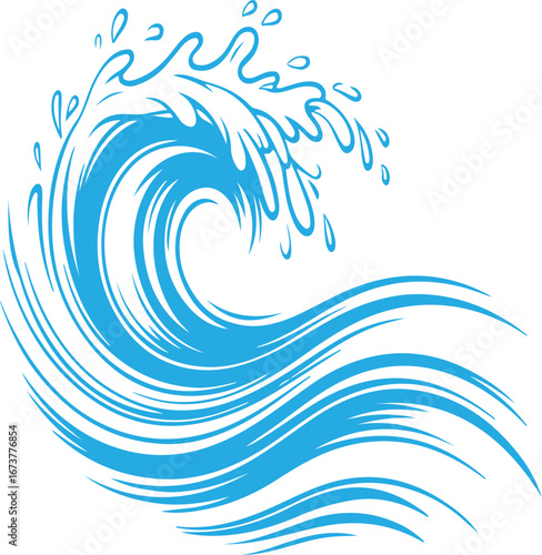 Dynamic blue ocean wave illustration with splashing water and swirling currents capturing the power and beauty of the sea in a stylized artistic design