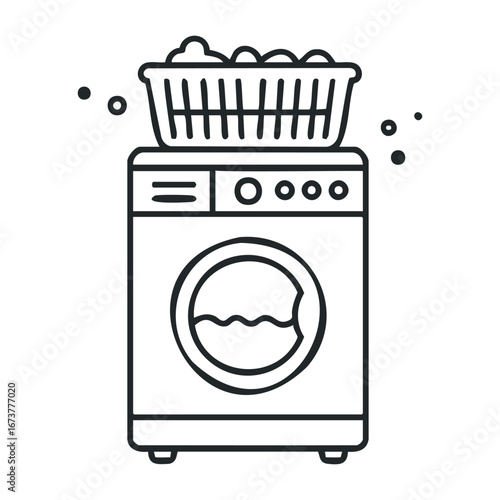 Washing clothes action laundry room illustration minimalist design front view home care concept. Outline vector illustration