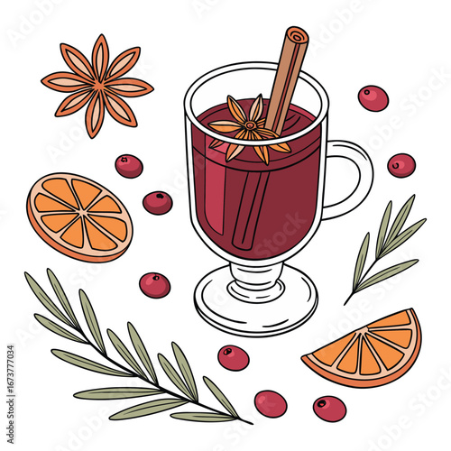 Mulled wine illustration with fresh citrus and spices design