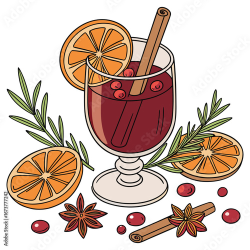 Christmas mulled wine with dried orange slices, cinnamon, and star anise