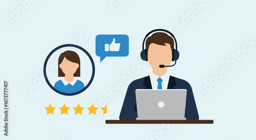 Customer service representative receiving positive feedback and high rating from a satisfied client.