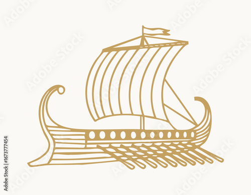 Ancient galley trireme with sails and oars gold line art