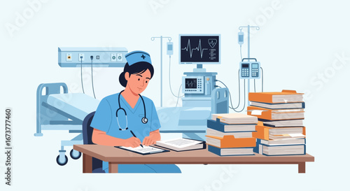 Nurse at Desk in Hospital Room with Medical Equipment.