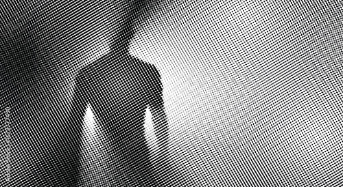 A man silhouette emerging through radiant halftone light burst, static apparition.