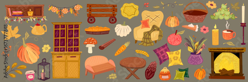 Сottagecore autumn set with crayon texture. Cozy autumn design for fall season with leaf, pumpkin and fireplace