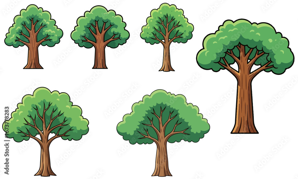A collection of various cartoon trees with different shapes and sizes of green canopies and brown trunks, all in a charming, illustrative style.