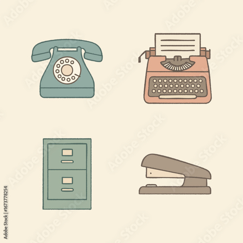 Retro office devices telephone typewriter file cabinet and stapler