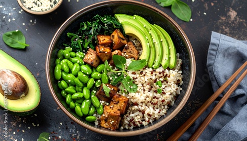 Healthy Buddha Bowl with Avocado, Tofu, Edamame, and Brown Rice