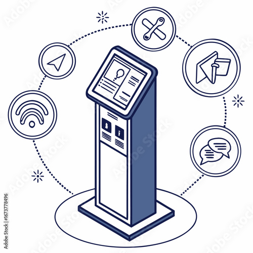 Isometric Digital Information Kiosk with Communication and Navigation Icons