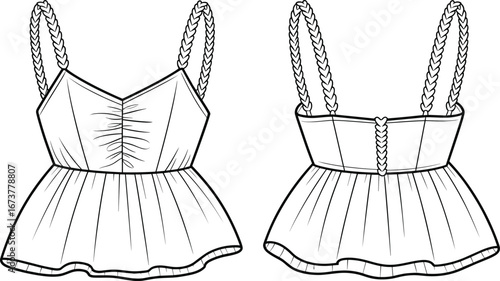 Fashionable braided strap crop top illustration, trendy summer blouse design, front and back technical flat sketch, stylish women's fashion top for apparel designers, vector art