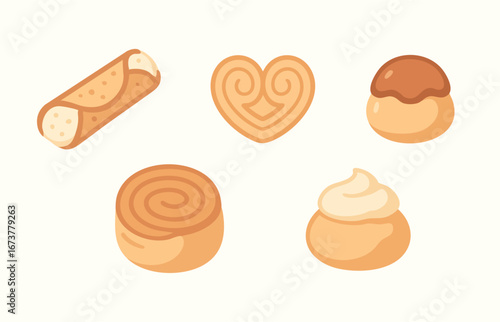 Pastry sweets icons cannoli palmier cream puff swirl roll and frosting