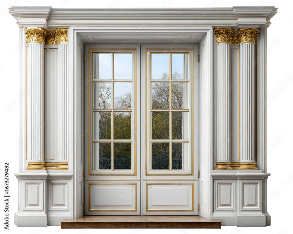 Fototapeta premium Elegant luxury mansion window design with classical architectural columns, gold accents, and large glass panes, creating sophisticated and timeless atmosphere
