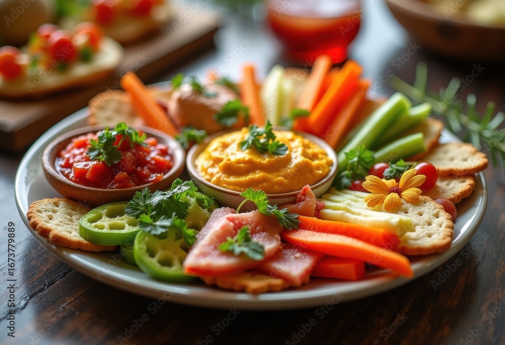 vibrant colorful appetizer plate various sauces spreads eye catching arrangement parties gatherings, cuisine, party, garnish, vegetable, herb, fruit vibrant colorful appetizer plate various sauces spreads eye catching arrangement parties gatherings, cuisine, party, garnish, vegetable, herb, fruit