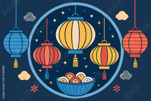 Evocative poster, vibrant Japanese food, glowing lanterns, atmospheric evening, detailed, realistic, cultural fusion.