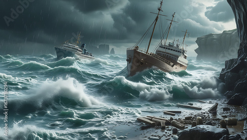 Shipwreck in Stormy Ocean Waters.