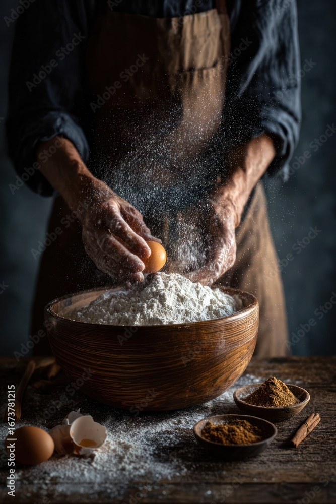 Fototapeta premium Hands cracking egg over flour bowl